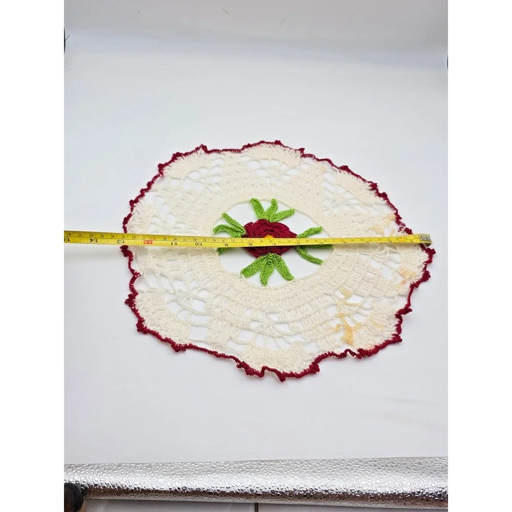 Vintage Handmade Crochet Rose Doily Floral Lace 3D Centerpiece Red White 12.5 N3